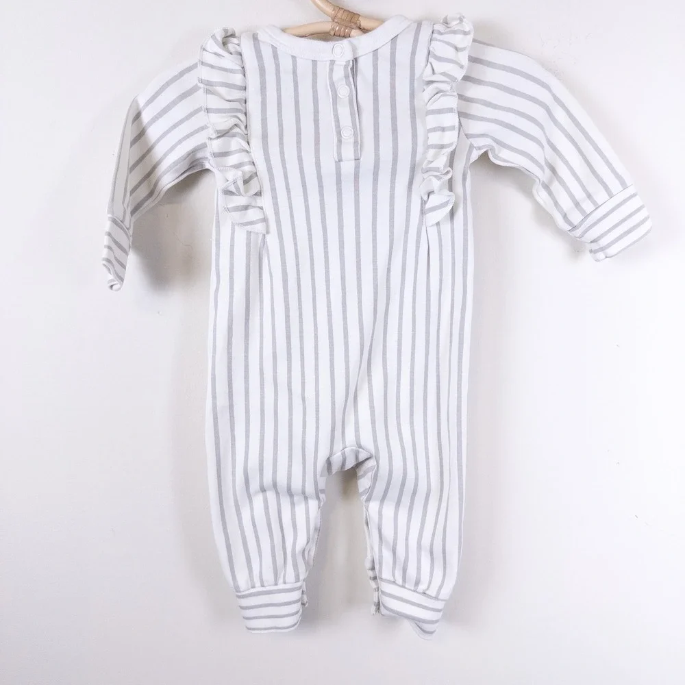 Pehr Romper‎ Kids 0-3 Months Gray Striped Ruffle Organic Cotton Long Sleeve